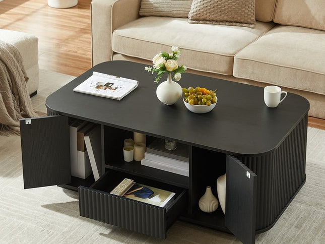 47" Black Wood Oval Block Coffee Table With Storage