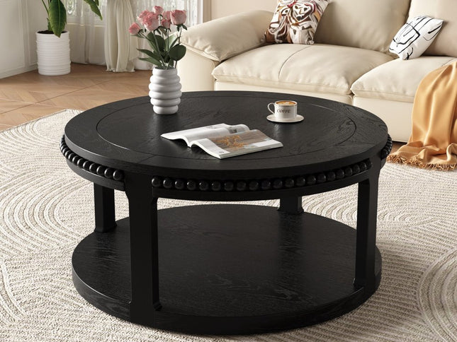32" Black Wood Floor Shelf Beaded Round Coffee Table