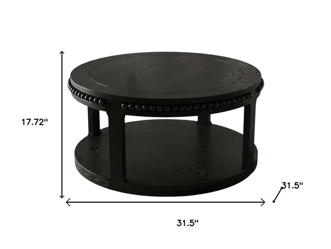 32" Black Wood Floor Shelf Beaded Round Coffee Table