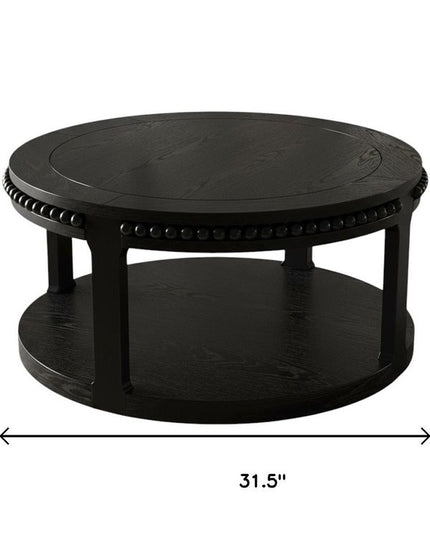 32" Black Wood Floor Shelf Beaded Round Coffee Table
