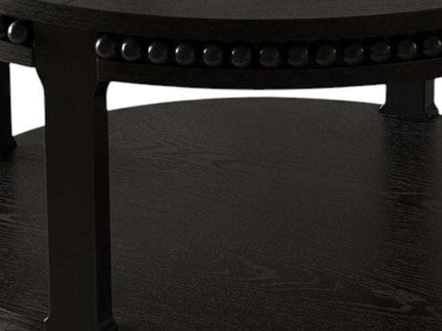 32" Black Wood Floor Shelf Beaded Round Coffee Table
