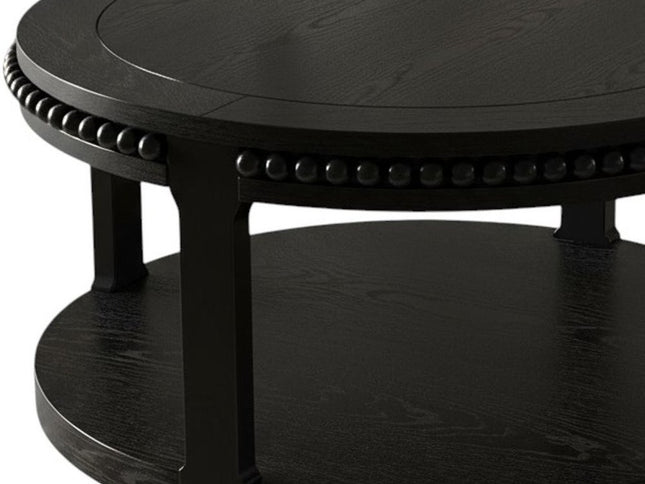 32" Black Wood Floor Shelf Beaded Round Coffee Table