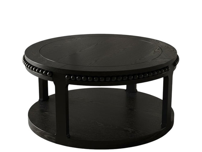 32" Black Wood Floor Shelf Beaded Round Coffee Table
