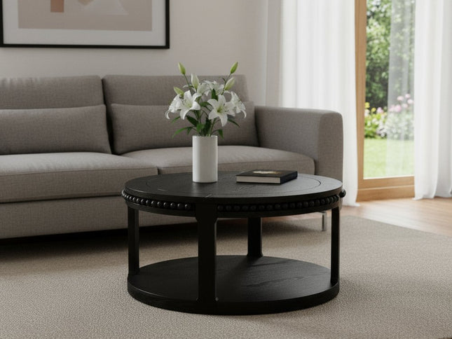 32" Black Wood Floor Shelf Beaded Round Coffee Table