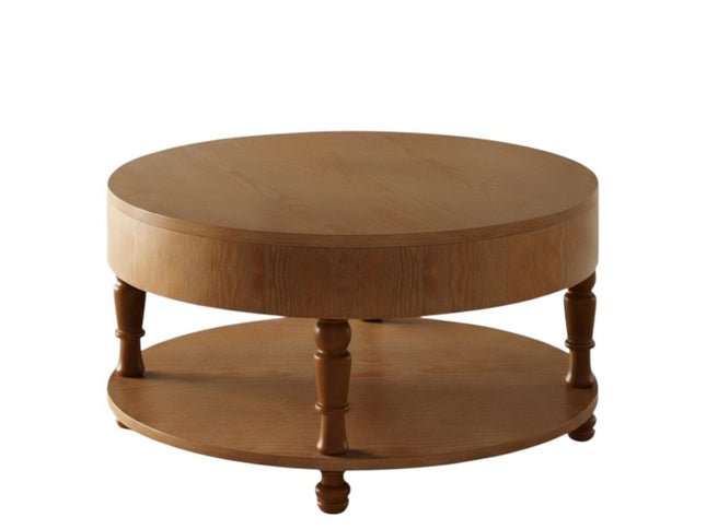 32" Natural Wood Round Coffee Table With Hidden Storage And Shelf