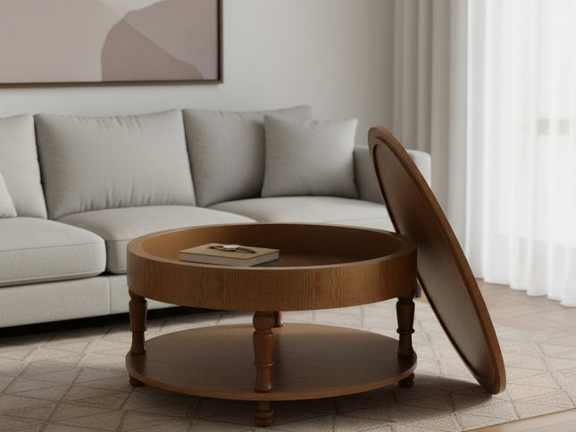 32" Natural Wood Round Coffee Table With Hidden Storage And Shelf
