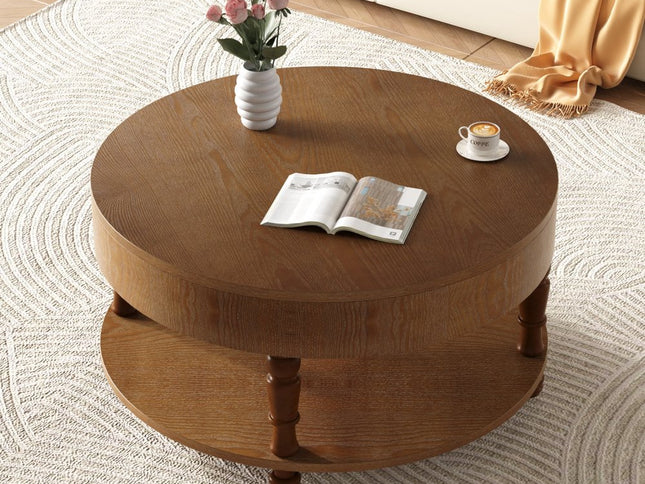 32" Natural Wood Round Coffee Table With Hidden Storage And Shelf
