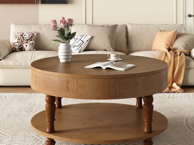 32" Natural Wood Round Coffee Table With Hidden Storage And Shelf