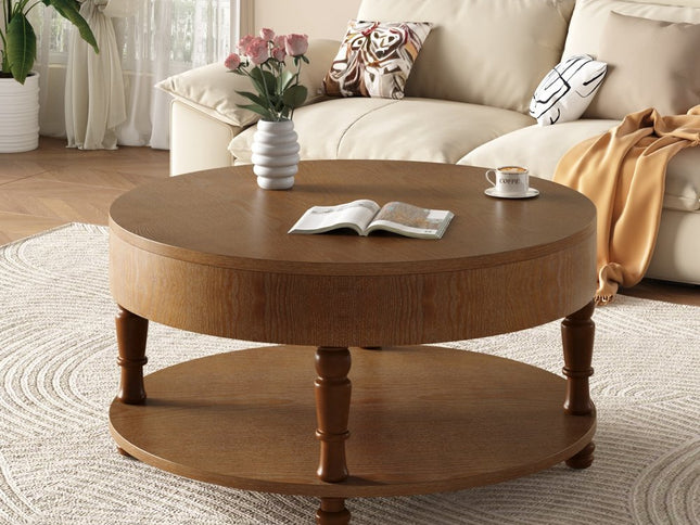 32" Natural Wood Round Coffee Table With Hidden Storage And Shelf