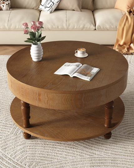 32" Natural Wood Round Coffee Table With Hidden Storage And Shelf