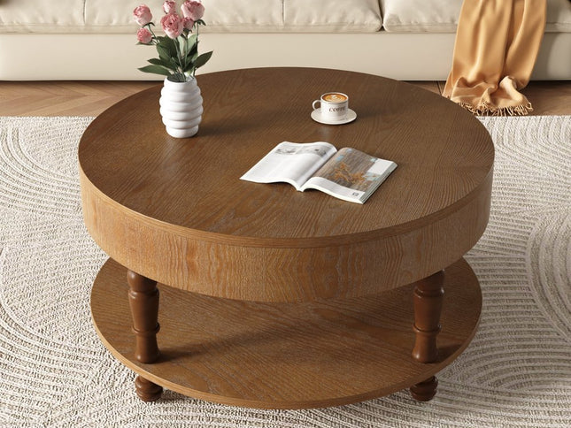 32" Natural Wood Round Coffee Table With Hidden Storage And Shelf