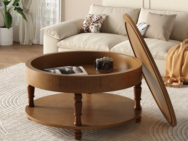 32" Natural Wood Round Coffee Table With Hidden Storage And Shelf