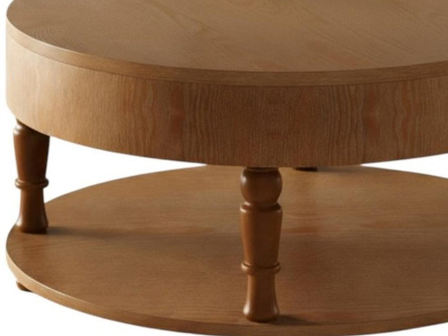 32" Natural Wood Round Coffee Table With Hidden Storage And Shelf
