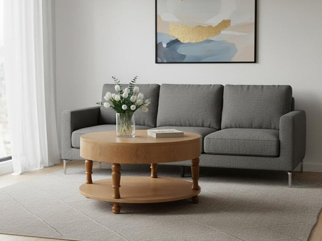 32" Natural Wood Round Coffee Table With Hidden Storage And Shelf