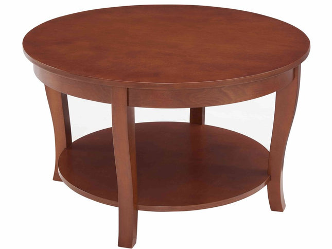 30" Walnut Wood Round Coffee Table With Shelf
