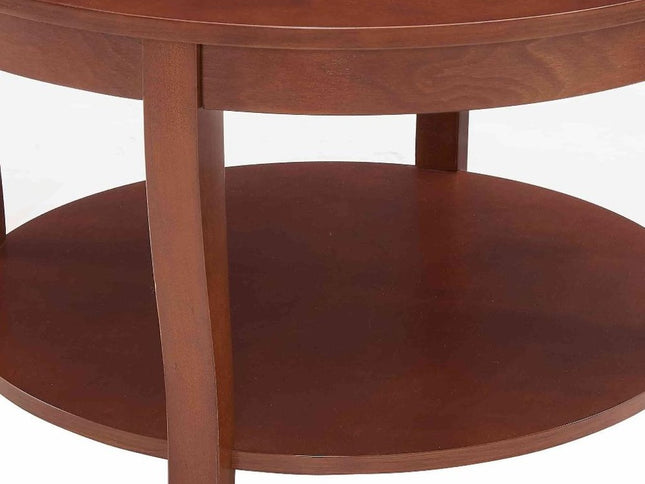 30" Walnut Wood Round Coffee Table With Shelf