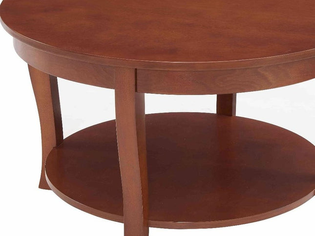 30" Walnut Wood Round Coffee Table With Shelf