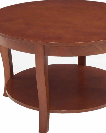 30" Walnut Wood Round Coffee Table With Shelf
