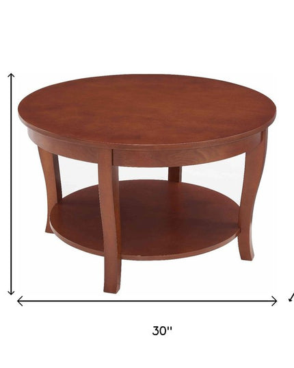 30" Walnut Wood Round Coffee Table With Shelf