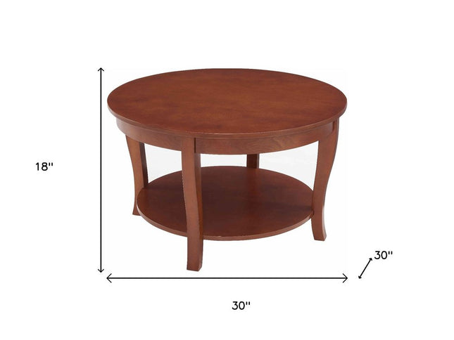 30" Walnut Wood Round Coffee Table With Shelf