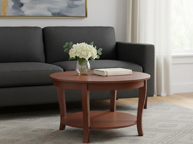 30" Walnut Wood Round Coffee Table With Shelf