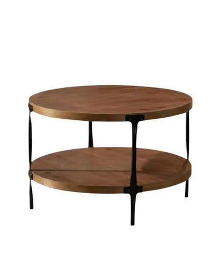 31" Walnut and Black Wood and Steel Round Coffee Table With Shelf