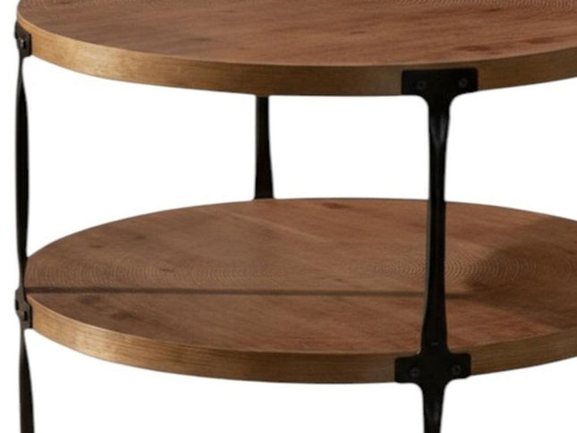 31" Walnut and Black Wood and Steel Round Coffee Table With Shelf