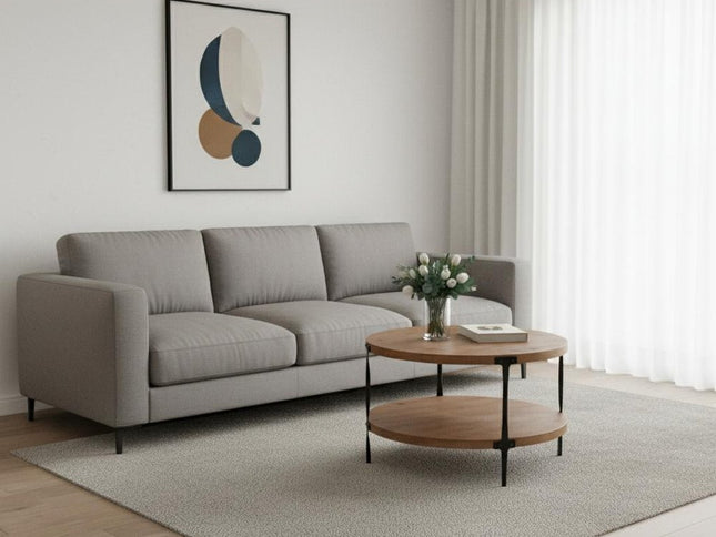 31" Walnut and Black Wood and Steel Round Coffee Table With Shelf