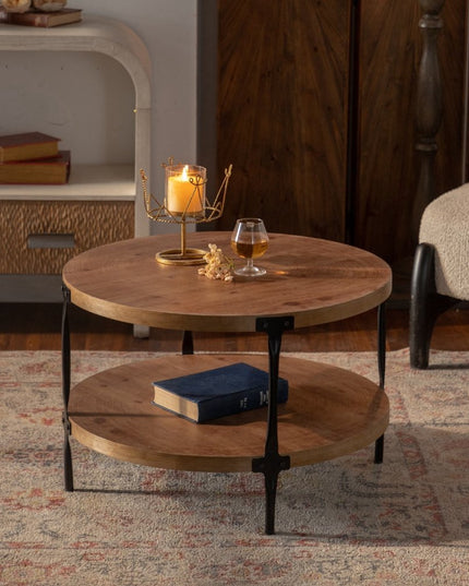 31" Walnut and Black Wood and Steel Round Coffee Table With Shelf