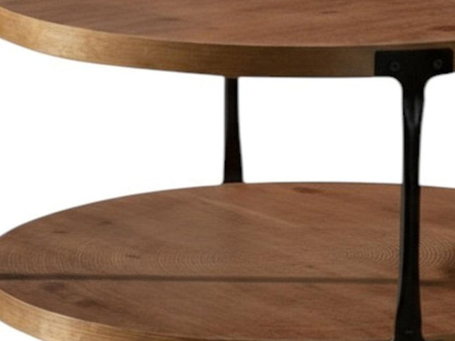 31" Walnut and Black Wood and Steel Round Coffee Table With Shelf