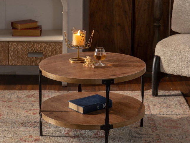 31" Walnut and Black Wood and Steel Round Coffee Table With Shelf