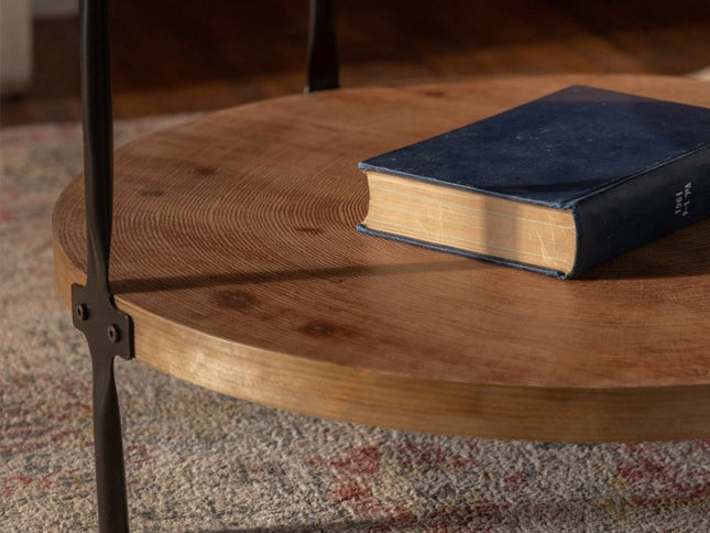 31" Walnut and Black Wood and Steel Round Coffee Table With Shelf