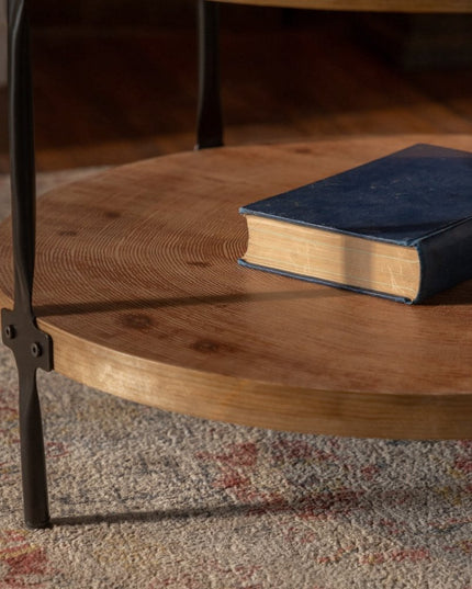 31" Walnut and Black Wood and Steel Round Coffee Table With Shelf