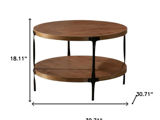 31" Walnut and Black Wood and Steel Round Coffee Table With Shelf