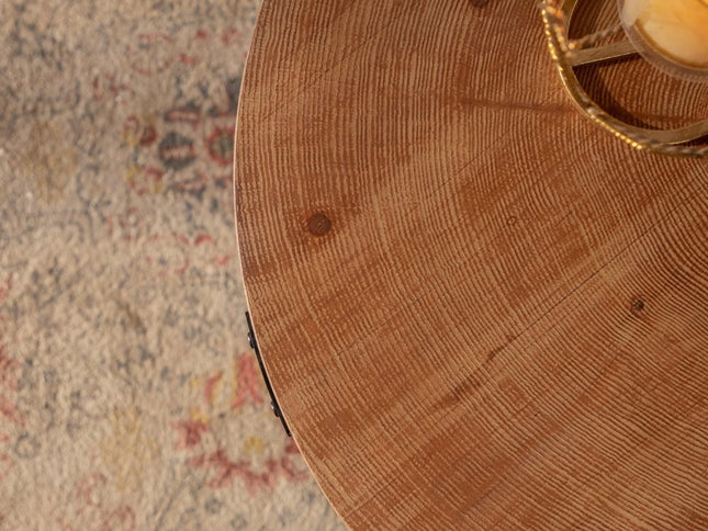 31" Walnut and Black Wood and Steel Round Coffee Table With Shelf