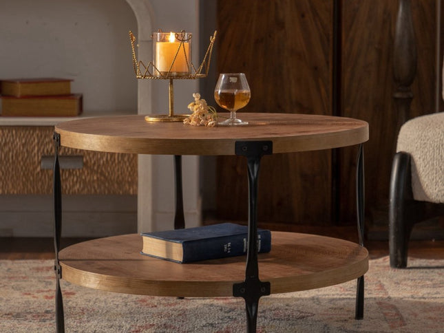 31" Walnut and Black Wood and Steel Round Coffee Table With Shelf