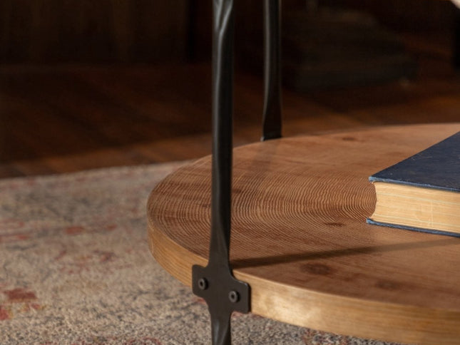 31" Walnut and Black Wood and Steel Round Coffee Table With Shelf