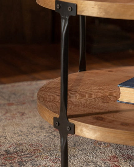 31" Walnut and Black Wood and Steel Round Coffee Table With Shelf