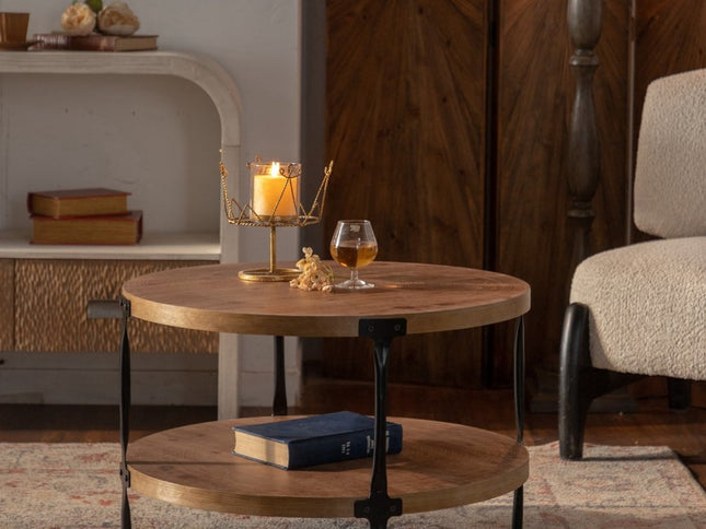 31" Walnut and Black Wood and Steel Round Coffee Table With Shelf
