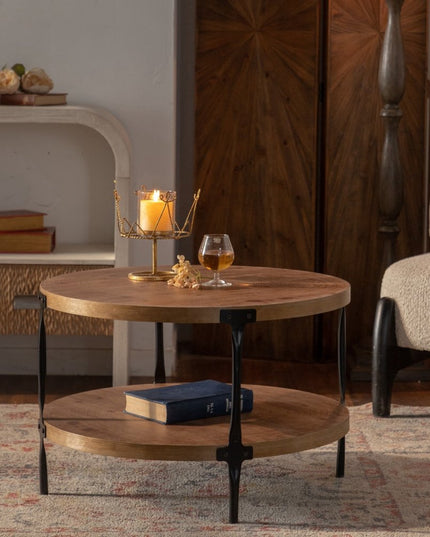 31" Walnut and Black Wood and Steel Round Coffee Table With Shelf