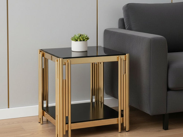 23" Black and Gold Glass and Stainless Steel Square Coffee Table