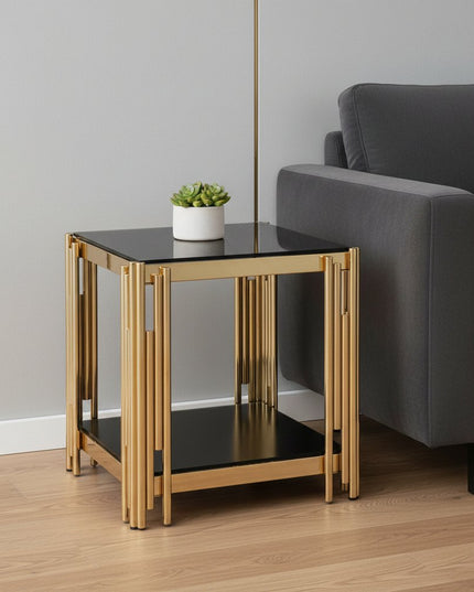 23" Black and Gold Glass and Stainless Steel Square Coffee Table