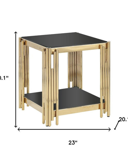 23" Black and Gold Glass and Stainless Steel Square Coffee Table