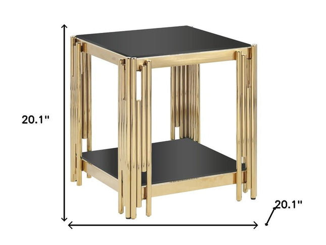 23" Black and Gold Glass and Stainless Steel Square Coffee Table