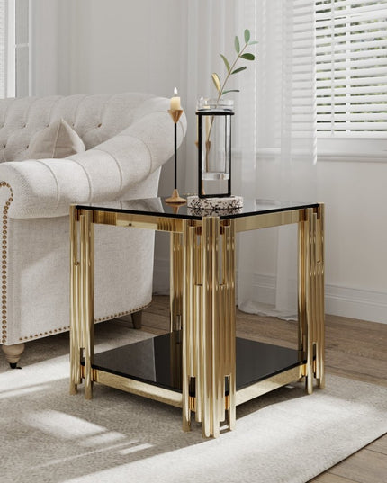 23" Black and Gold Glass and Stainless Steel Square Coffee Table