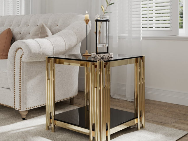 23" Black and Gold Glass and Stainless Steel Square Coffee Table