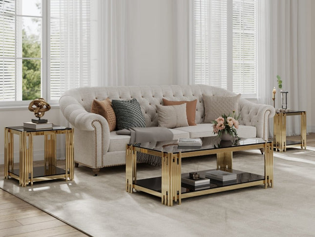 23" Black and Gold Glass and Stainless Steel Square Coffee Table