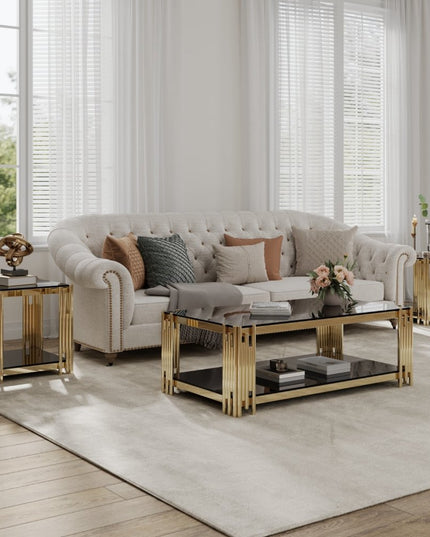 23" Black and Gold Glass and Stainless Steel Square Coffee Table