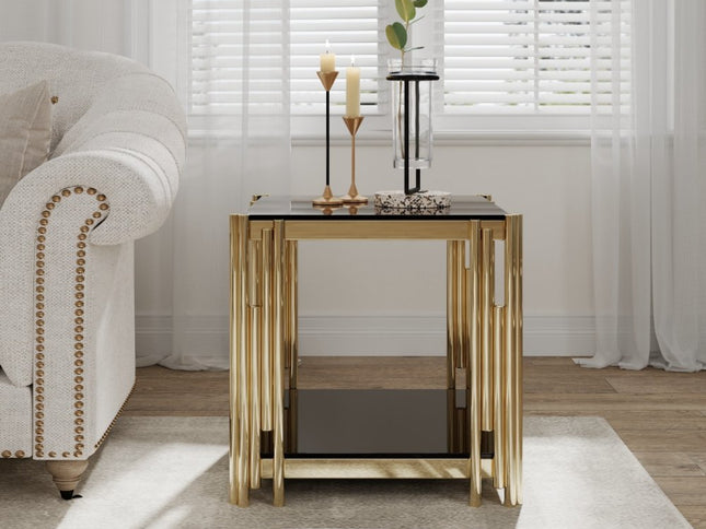 23" Black and Gold Glass and Stainless Steel Square Coffee Table