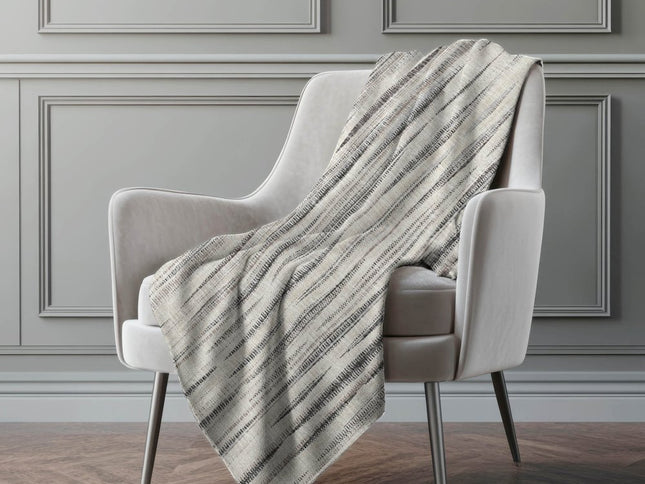 50" X 70" Beige And Charcoal Striped Polyester Woven Plush Throw Blanket
